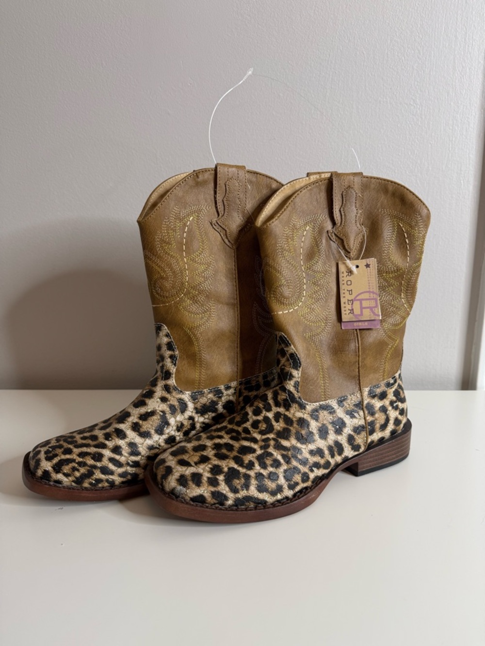 ROPER GIRLS' GLITTER LEOPARD PRINT WESTERN BOOTS - BROAD SQUARE TOE size 4 NWT